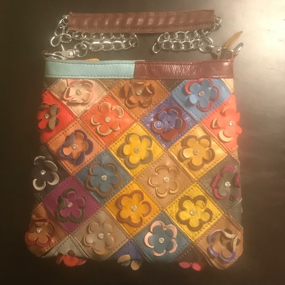 Leather Patchwork Purse w/Studded Leather Flowers - Picture 2 of 4